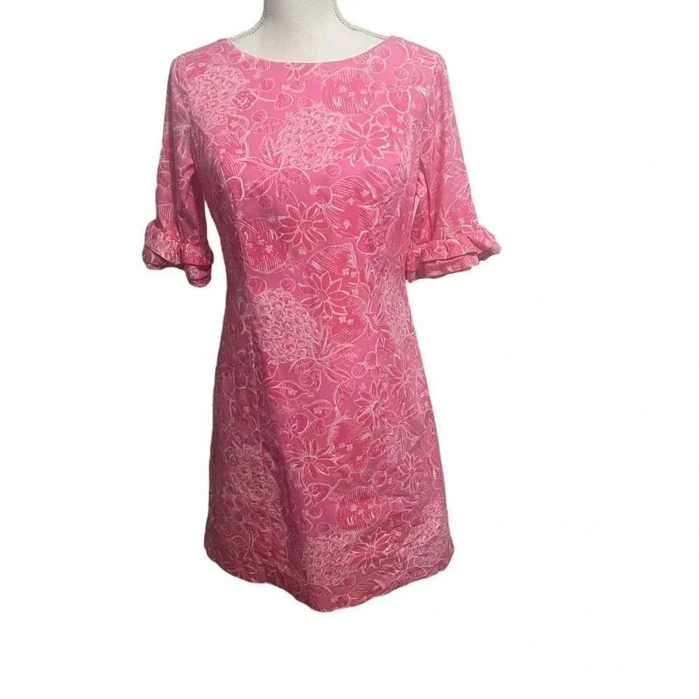 Lily Pulitzer Pink Floral Ruffle Dress Cut Out Keyhole Shift Dress Size 4
